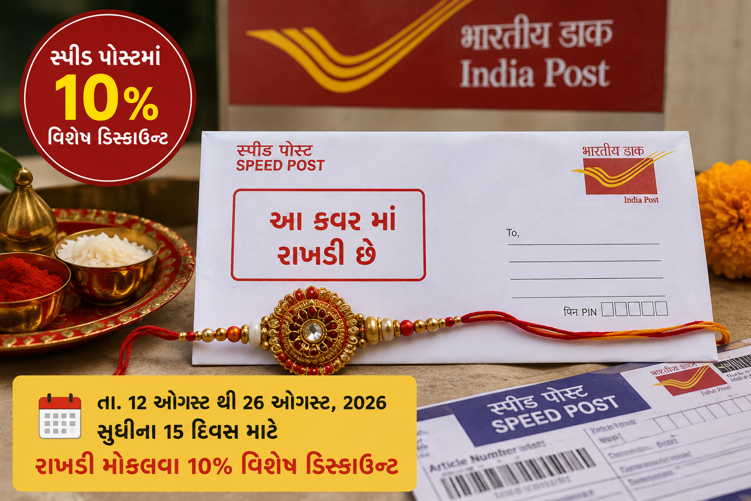 રક્ષાબંધન નિમિત્તે રાખડી મોકલવા સ્પીડ પોસ્ટમાં ૧૦% વિશેષ ડિસ્કાઉન્ટ